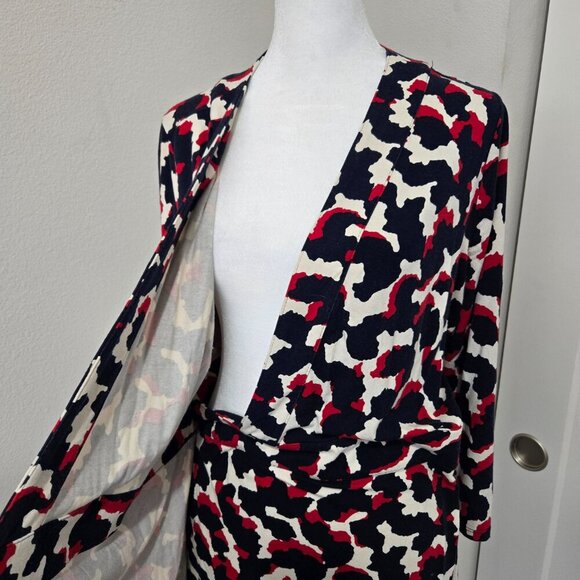 Ann Taylor V-Neck Wrap Dress Navy Red Cream Rayon Spandex Blend - 12P - Picture 6 of 9